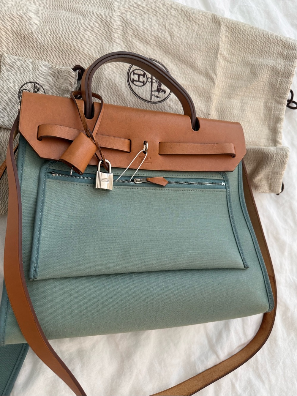 HERMES Herbag Zip 31 Hand Bag Canvas Leather 2way Green Palladium Authentic - Picture 11 of 16